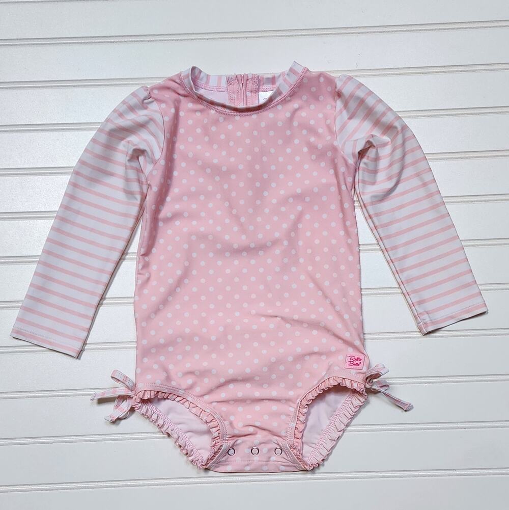 RuffleButts Pink Polka Dot Long Sleeve Rashguard Swimsuit Size 3T